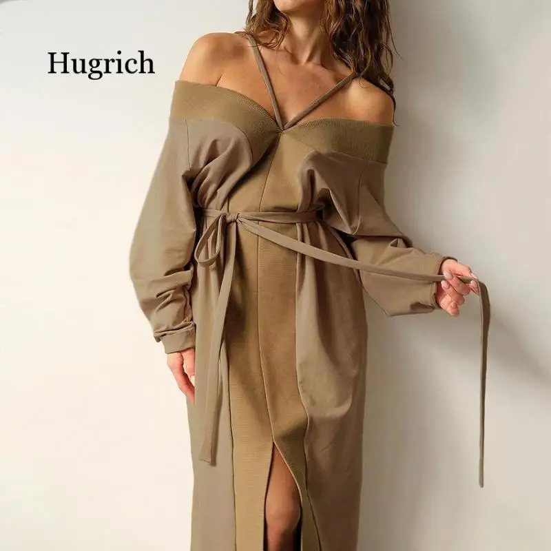 Autumn Spring Elegant Brown Women Lace-Up Knitted Ladies Sexy Off Shoulder Slit Long Sleeve Dresses