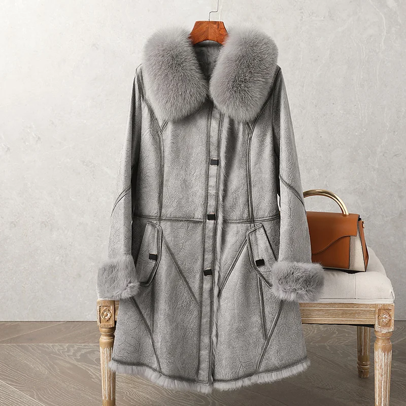 Genuine Leather Fur Coat 2021 Winter New Rex Rabbit Fur Integrated Women's Fox Fur Collar Overcoat Medium Long Style Warm Winter