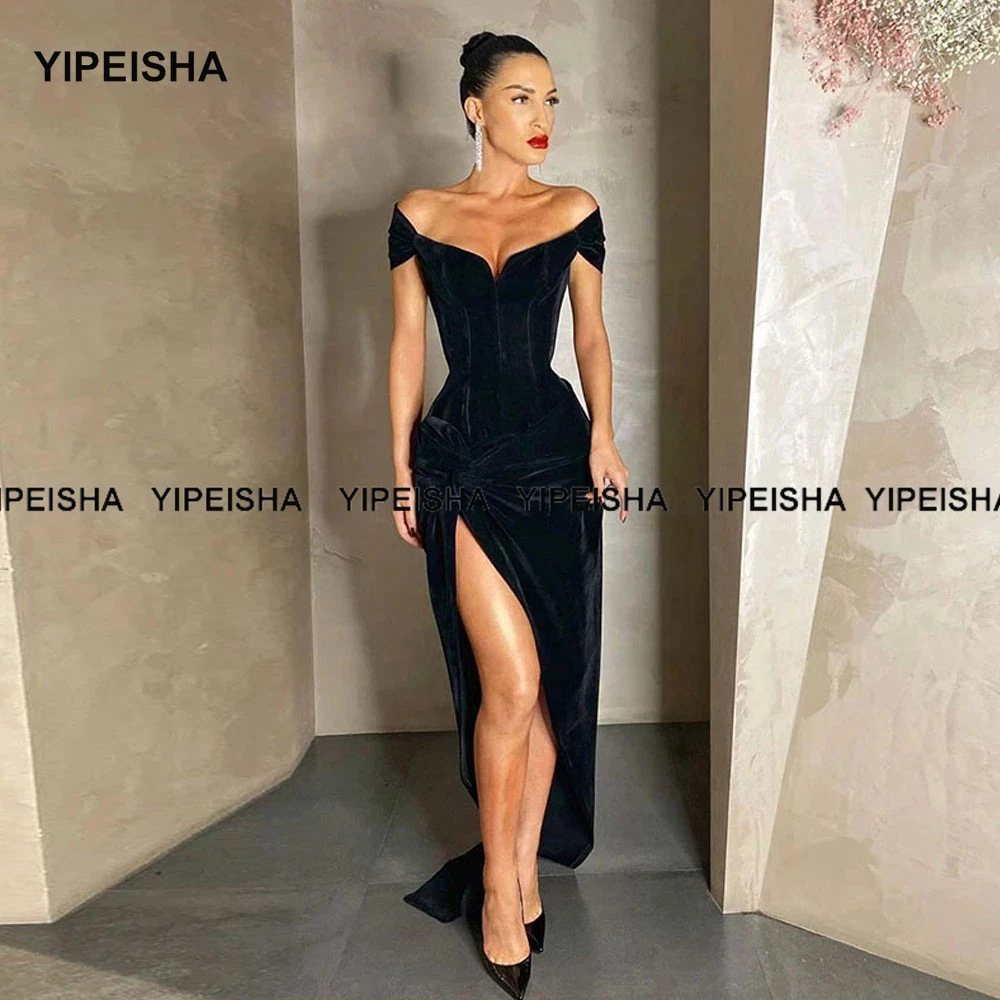 Yipeisha-Robes de Rhen velours sirène noir, plis sexy, robe de soirée à fente haute, mancherons, fête d'anniversaire, tout ce qui est fait sur mesure