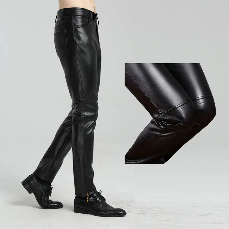 2024 Men's Autumn New Slim Fit Elastic Stitching Black Medium Thick Velvet Leather Pants