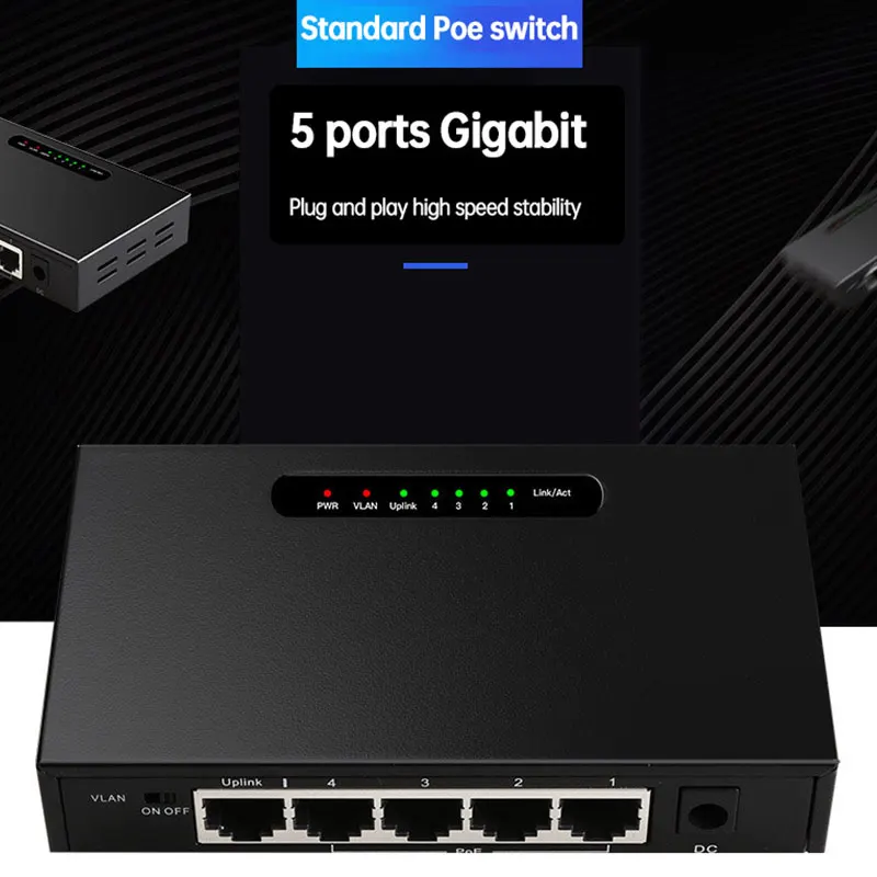 TEROW POE Switch Gigabit 5 Ports 1000Mbps Ethernet Switch POE Unmanaged Network Gigabit Switch 52V with Vlan for Wifi Router