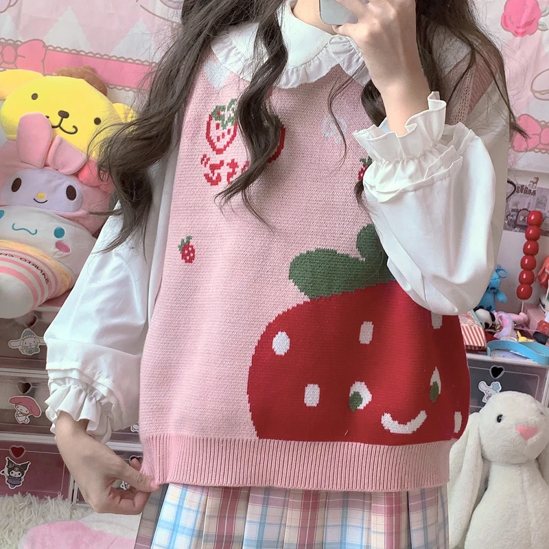 Japanese Kawaii Pink Lolita Style Women Vest Autumn Winter Sleeveless Sweater Lovely Cartoon Warm Knitted Vest Cute Student Tops