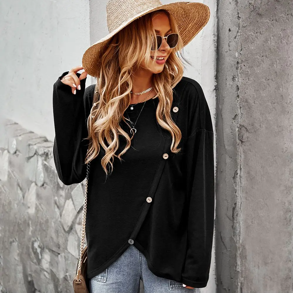 Women Autumn Long Sleeve Round Neck Asymmetrical Hem Contrast Button Detail Sweater Ladies Tops T Shirt