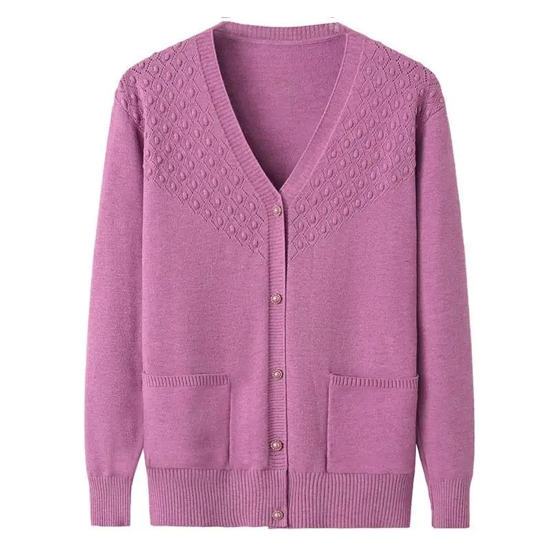 

Middle-aged Women's V-neck Knit Sweaters Cardigans Spring Autumn Slim Long-sleeved Sweater Jackets Female Solid Casual Outwear