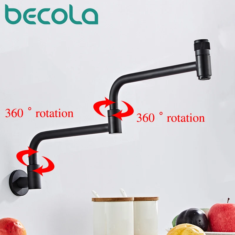 BECOLA Single Cold Stainless Steel Kitchen Faucet Folding Mixer 360 Degree Single Handle Chrome/Black Plated Kitchen Sink Taps