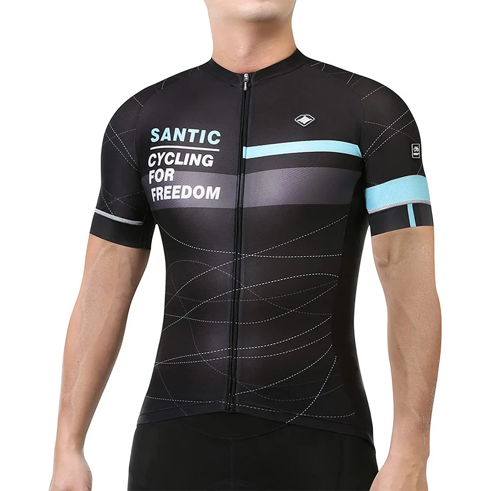 Santic Men\'s Cycling Jersey Short Sleeve Full Zipper MTB Bike Shirts Quick-Dry Breathable Reflective Bicycle Tops Asian Size