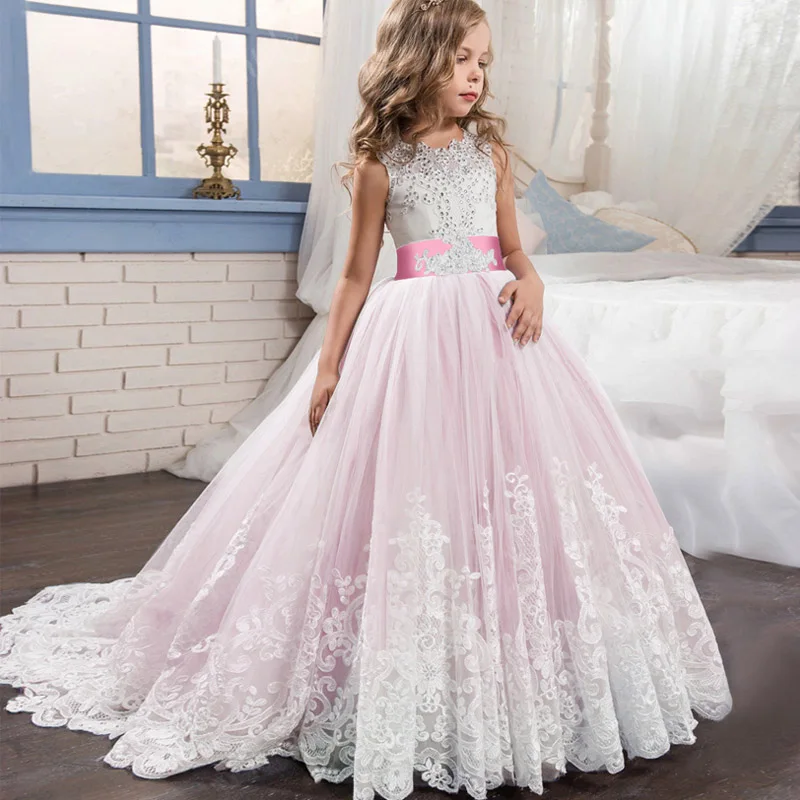 2021 New-O Neck ALine Girls Dress abito da festa per ragazza prima comunione formale lungo pizzo principessa abiti da ballo abito da ragazza di fiore