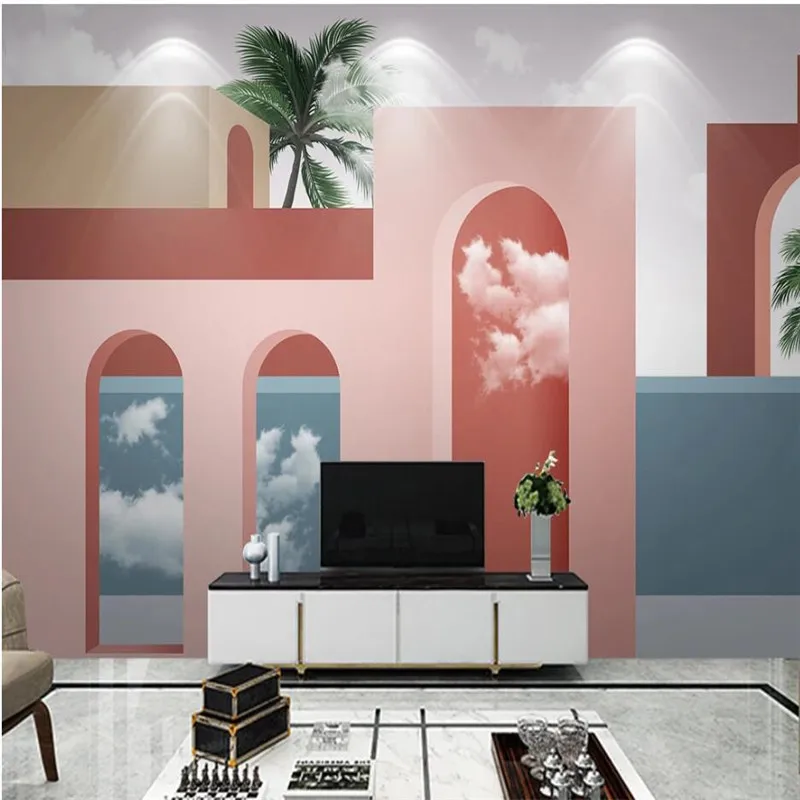 

Custom 3D Wallpaper Mural Three-dimensional Space Architecture Coconut Tree Landscape Art Background Wall Decoration Wallpaper