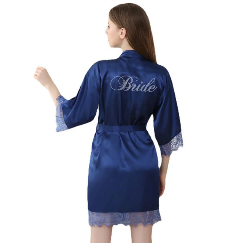 Wholesale Bride Letter Rhinestone Women Satin Bath Robes Lace Sleepwear Kimono Bridesmaid Nightgown Wedding Bathrobes T53