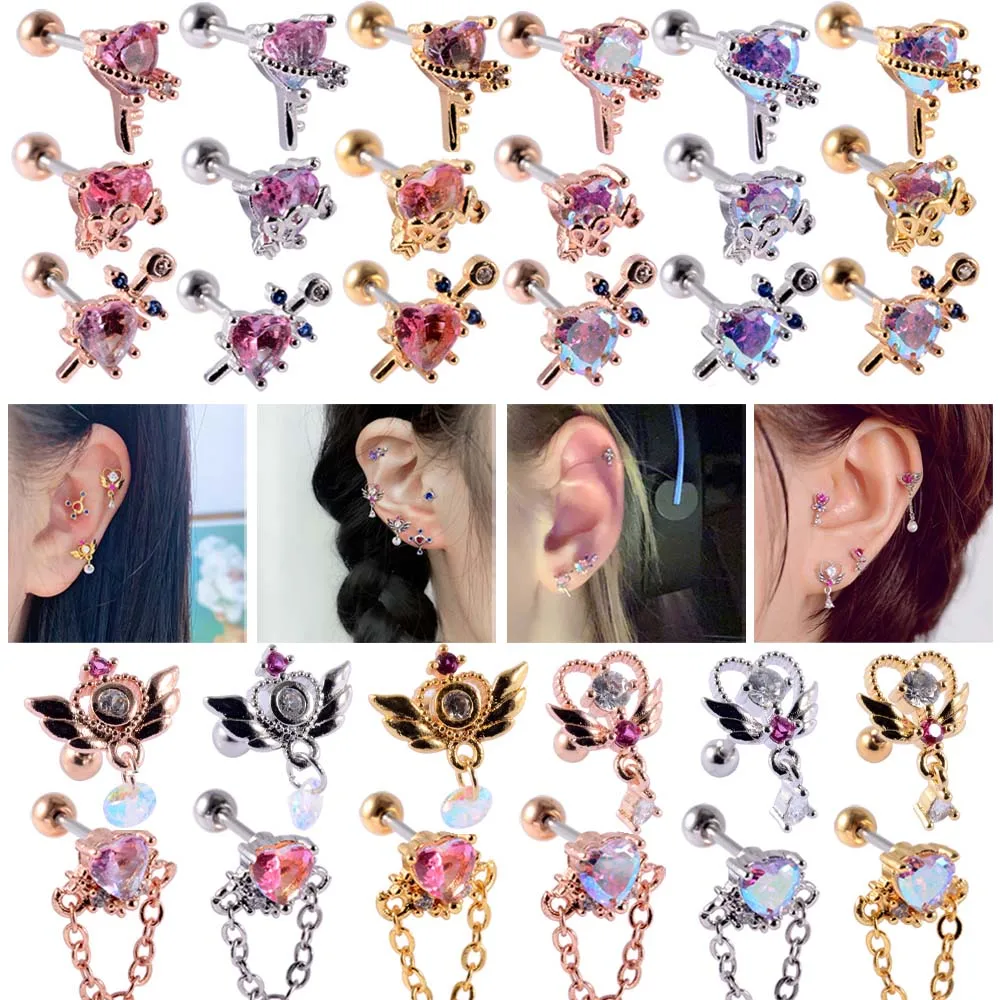 1PC 20G Stainless Steel Cz Ear Tragus Cartilage Earrings Multicolor Crystal Heart Cross Lobe Helix Barbell Piercing Jewelry