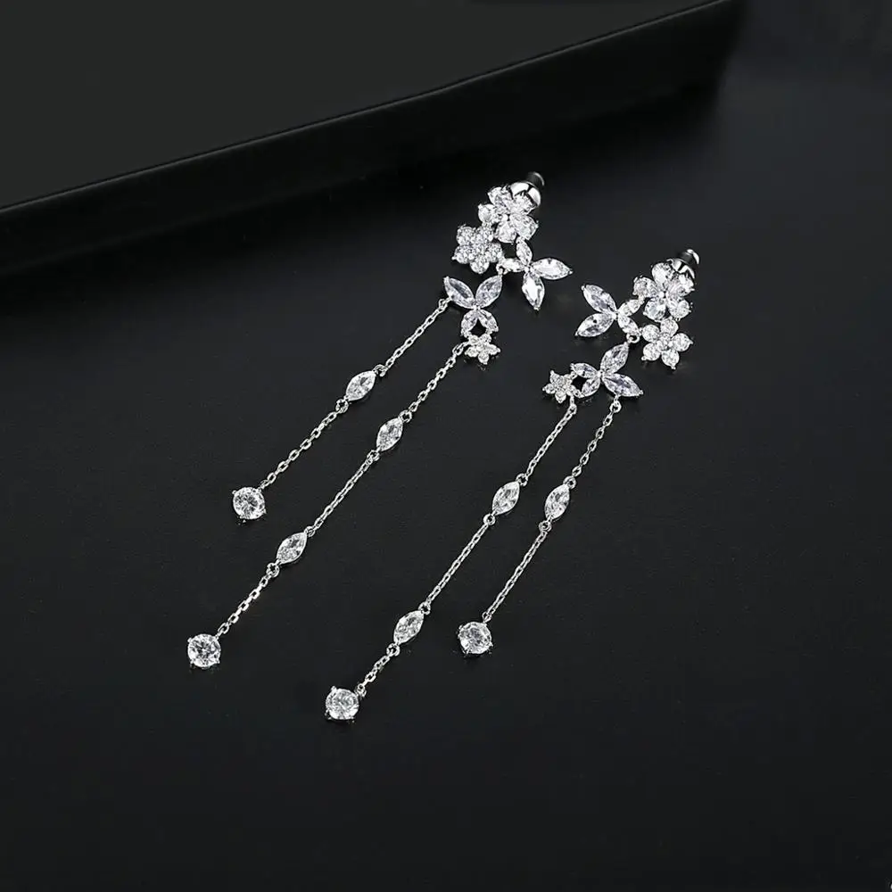 LUOTEEMI Trendy Fairy Flower Long Tassel Drop Dangle Earrings for Women Bridal Wedding Girl Daily Wear CZ Fashion Jewelry Gifts