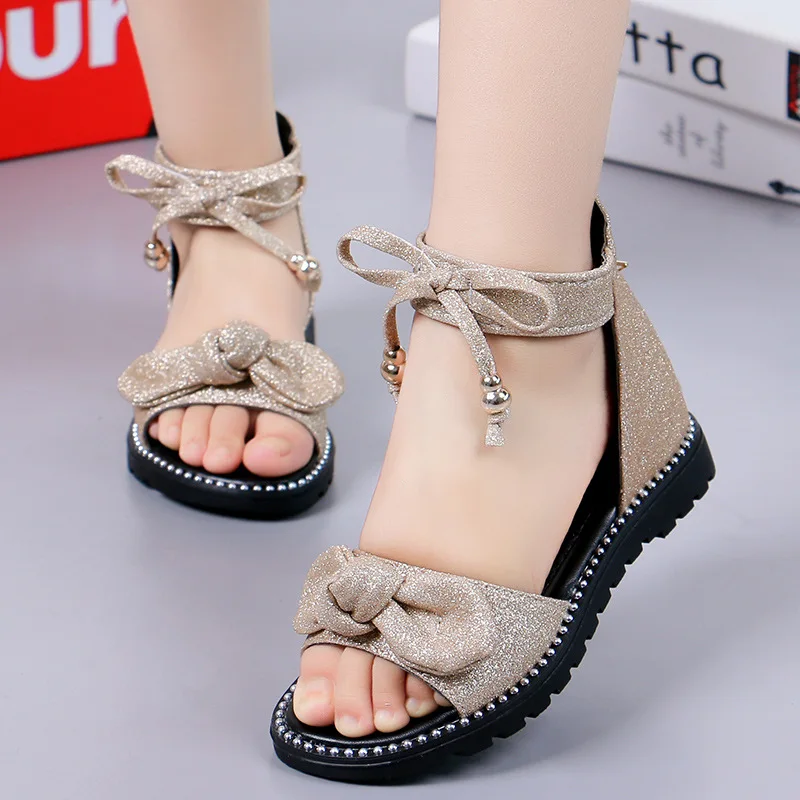 New 2023 Summer Girls Sandals Fashion Bowknot Zipper Princess Girls Shoes Children Kids Baby Party Flat Sandals Shoes A857