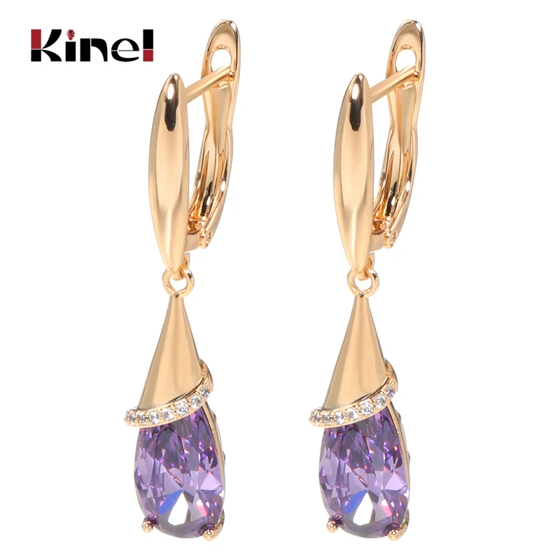 Kinel Fashion 585 Rose Gold Long Earrings for Women Water Drop Purple Natural Zircon Dangle Earring Fine Jewelry Crystal Gift