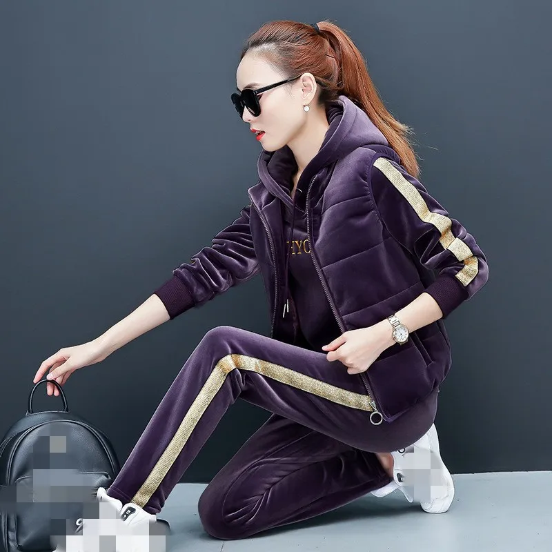 Woman Gold Velvet Casual Sportswear Suits Hooded Pullover Vest Thickening Warm Female Three Piece Sets Outdoor Fitness Winter