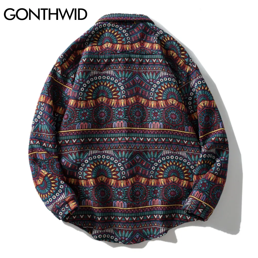 GONTHWID Knitted Shirts Harajuku Geometry Nation Style Flowers Button Shirt Streetwear Hip Hop Casual Long Sleeve Tops Coats