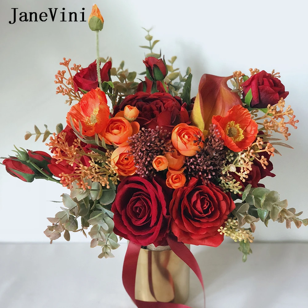 

JaneVini Vintage Autumn Dark Red Silk Roses Bridal Bouquets Artificial Brides Holding Flowers Real Touch Wedding Decoration 2021