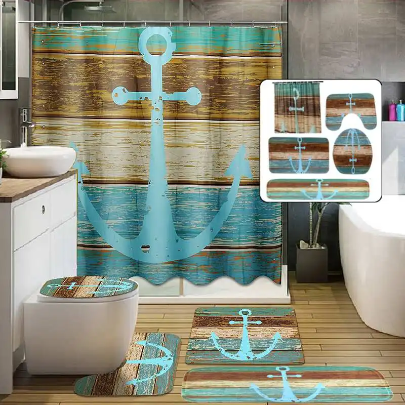 Bathroom Mat set Retro Old Style Anchor Non-Slip Carpet Toilet Seat Cover Shower 178*176cm Vorhang Badematten-Set Drop Ship