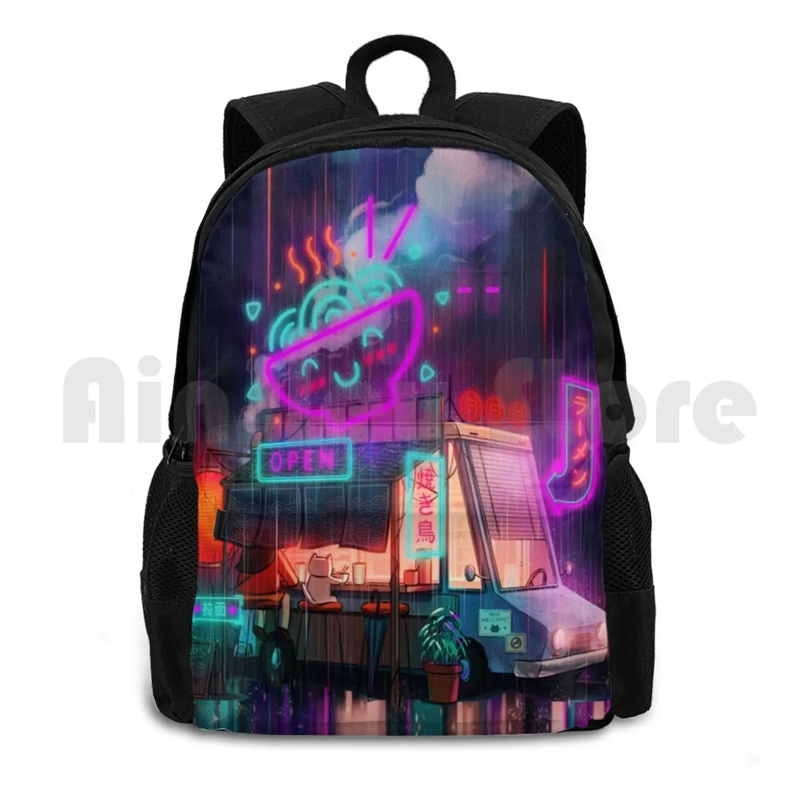 

Midnight Ramen Outdoor Hiking Backpack Waterproof Camping Travel Ramen Anime Manga Shop Car Food Cat Cute Kawaii Noodles Night