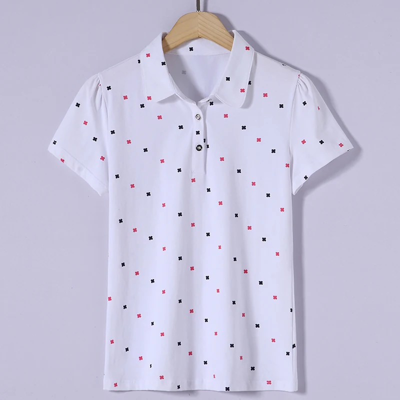 Cotton T Shirts for Women Slim Fit Printed Short Sleeve Collar Top - White