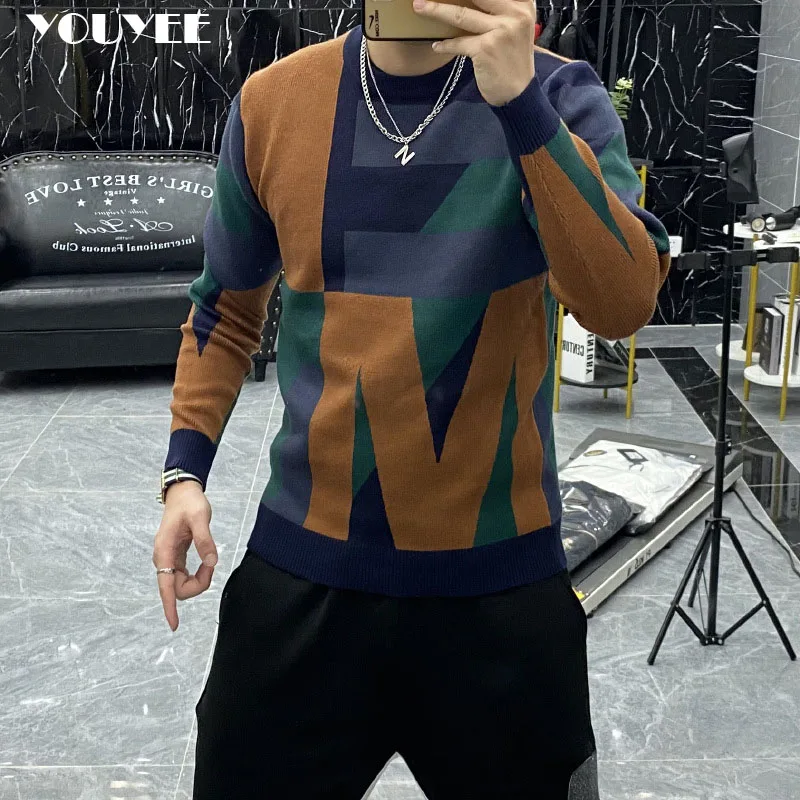 Men\'s Color Matching Sweater Korean Slim Trendy O-neck Plush Thickened Pullover Bottoming Shirt 2021 Autumn Winter Male Clothing