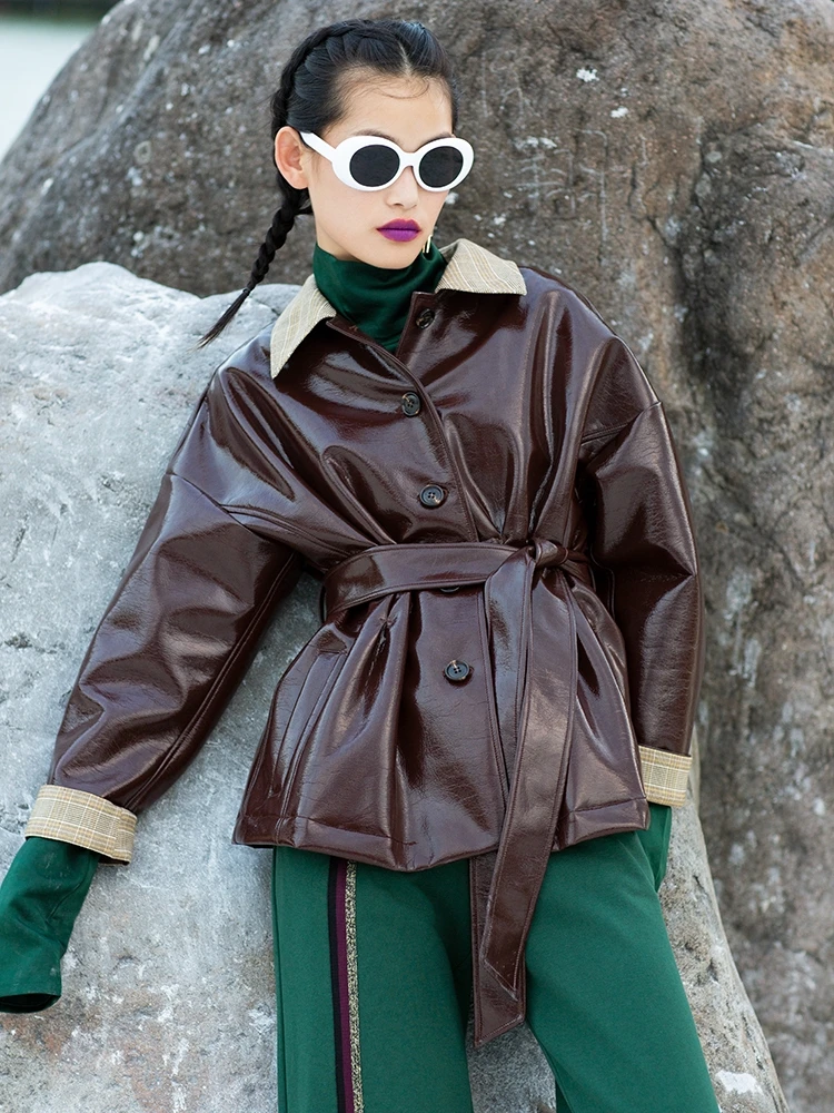 Glossy patent leather jackets female plaid pattern stitching single breasted was thin shiny leather jackets with belt F49
