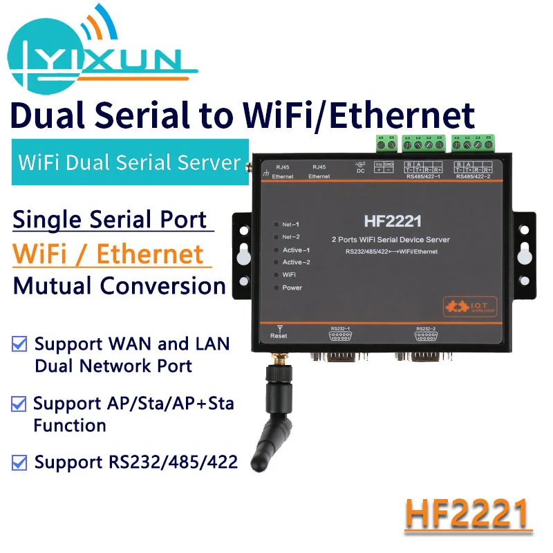 

Dual serial WIFI server HF2221 Industrial Modbus 2-Port Serial Server RS232/RS485/RS422 to WiFi Ethernet Device Module DTU