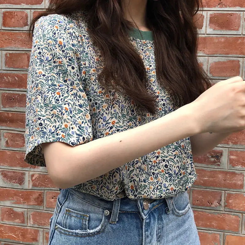 T-shirt Women Vintage New Summer Floral Top Tees Design Hot Sale Leisure Loose College Sweet Japanese Style Clothing Soft Ins