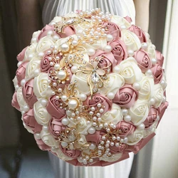 Luxury Diamond Pearl Sapphire Blue + White Silk Rose Handmade Bridesmaid Bouquet