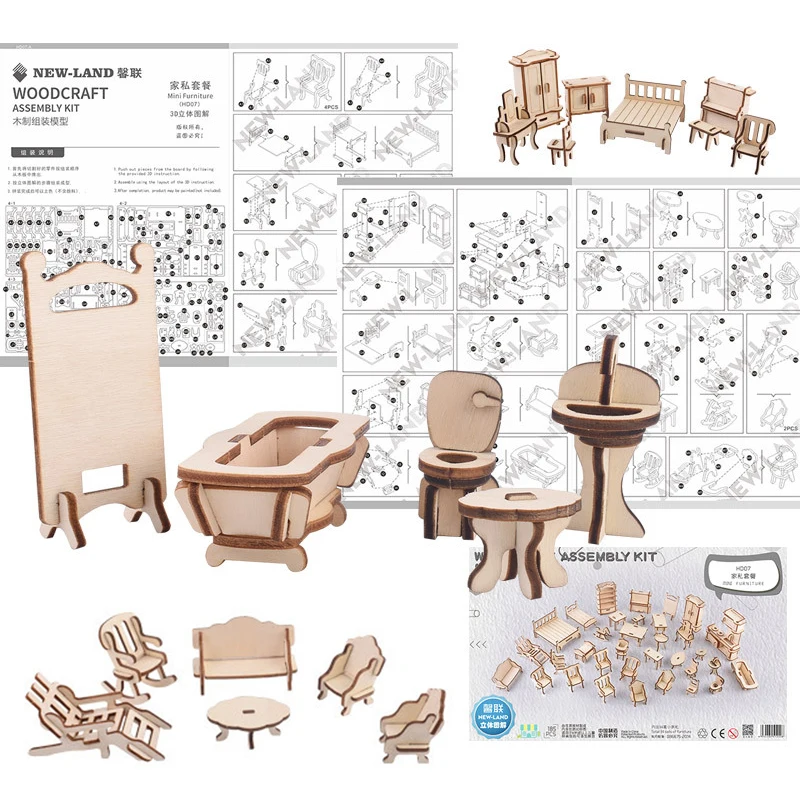 34PCS Set 3D Wooden Puzzle Toy 1:12 Mini Wooden Furniture 3D Building Model Doll House Accessories DIY Children Educational Toys