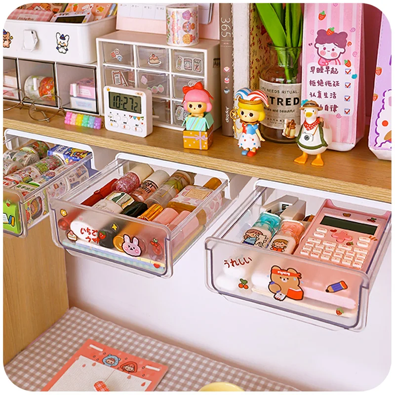 

Under the Desk Drawer Storage Organizer Boxes Office Supplies Self Stick Pencil Tray Storage Self-adhesive Stationery Boxes