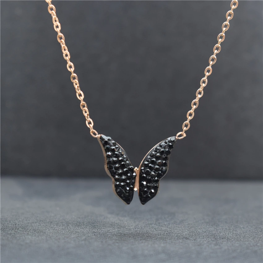 Stainless Steel Gold Chain CZ Blue Butterfly Necklace For Women Black Color Pendant Jewelry Rose Gold Chain