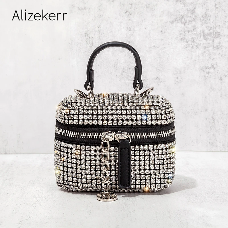 Mini Gold Rhinestone Box Handbag 2021 New Luxury Fashion Cute Chain Lipstick Shiny Diamonds Shoulder Crossbody Bag High Quality