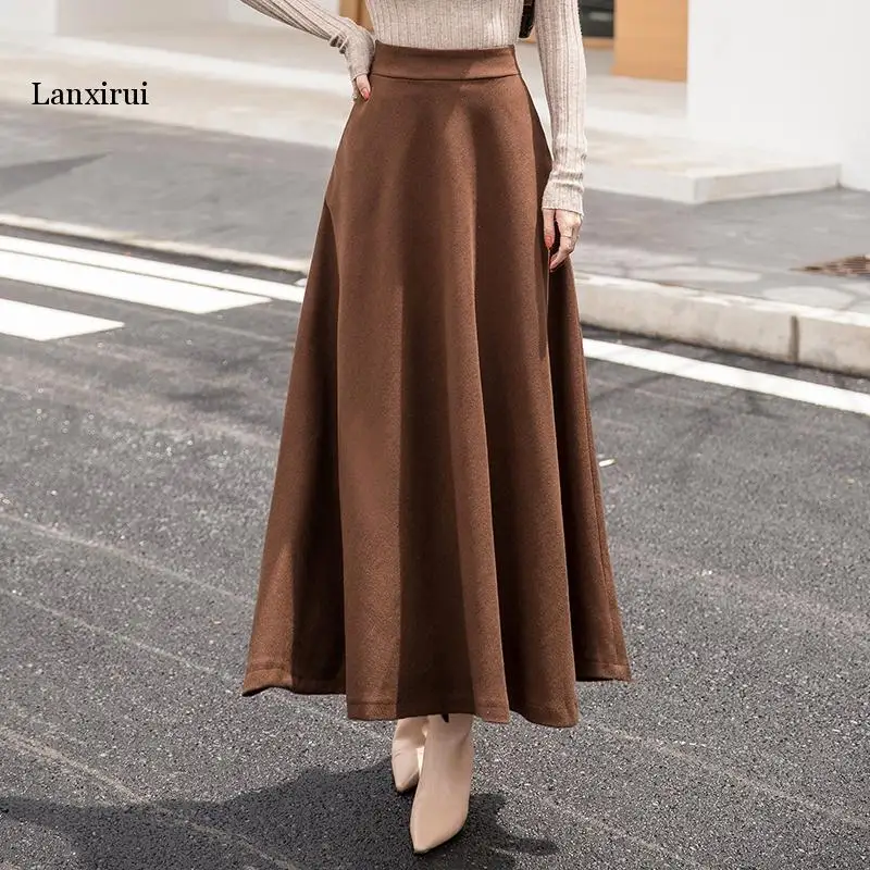 

A Line Winter Skirts Women Hot Warm Design Elegant Lady Office Long Skirt Plaid Printed Elastic High Waist Skirts Woolen