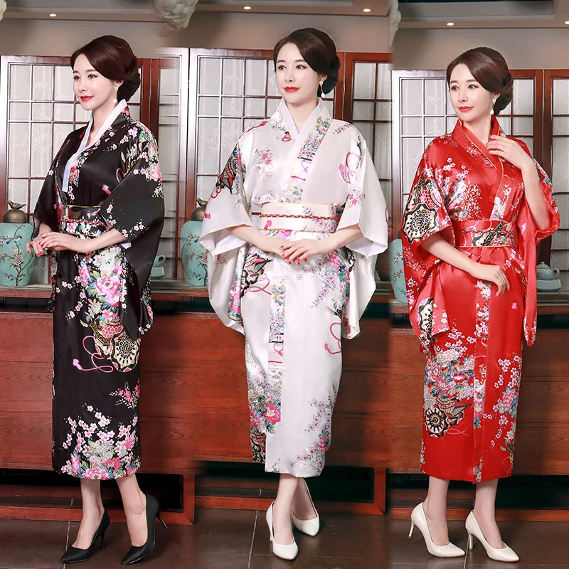 New Arrival Japanese Traditioinal Satin Kimono Classic Yukata With Obi Sexy Vintage Women\'s Prom Dress Floral One Size