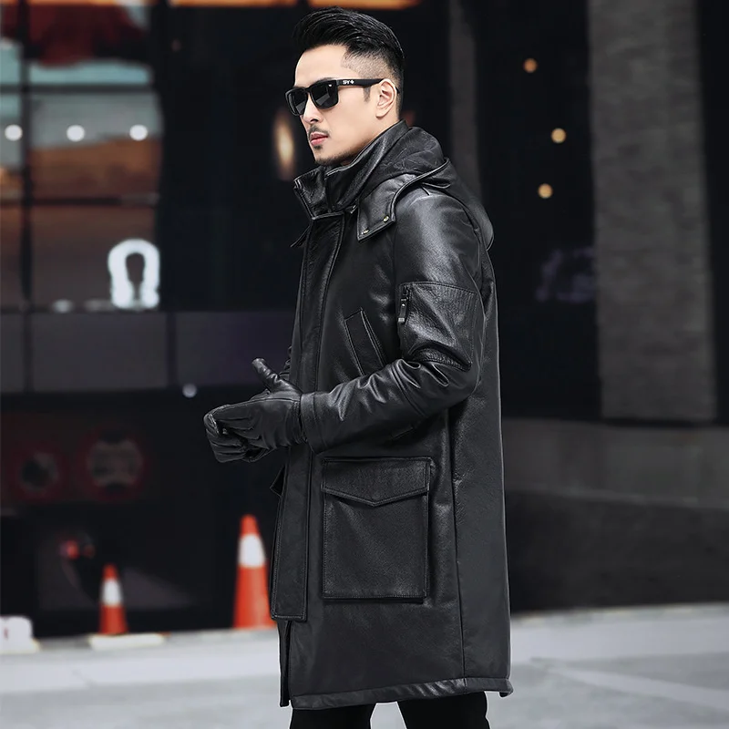 Real Brand Leather Down Jackets Men High Quality Winter Casual Hooded Coat Business Thick Warm Long Jacket Male Plus Size 4XL