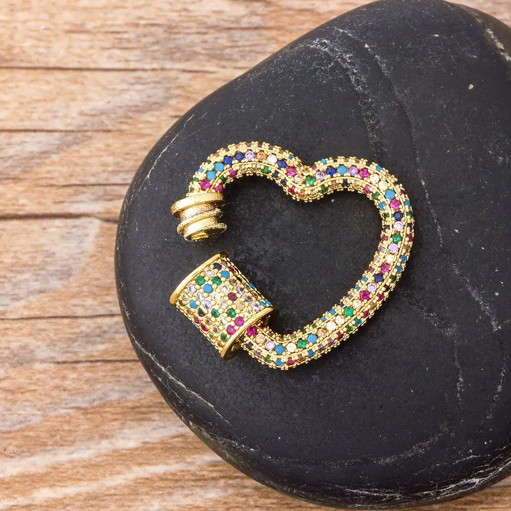 Classic Rainbow CZ Micro Pave Lock Carabiner Pave Lock Heart Shaped Copper Zirconia Clasp Necklace Jewelry Gift For Women Men