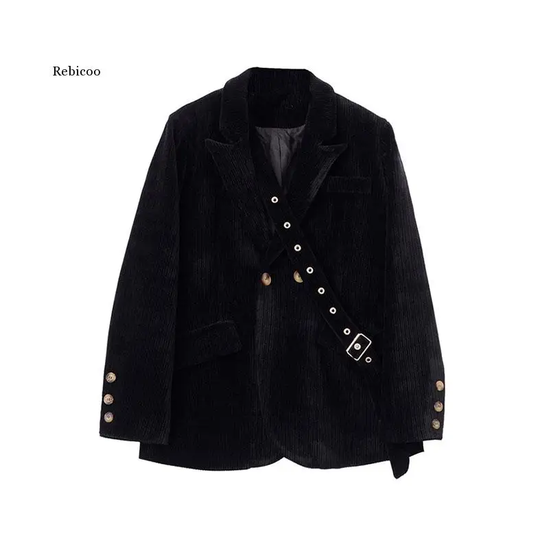 

Vintage Thick Corduroy Blazer Women Autumn Winter Long Sleeve Streetwear Female Outerwear Loose Black Suit Jacket Coats
