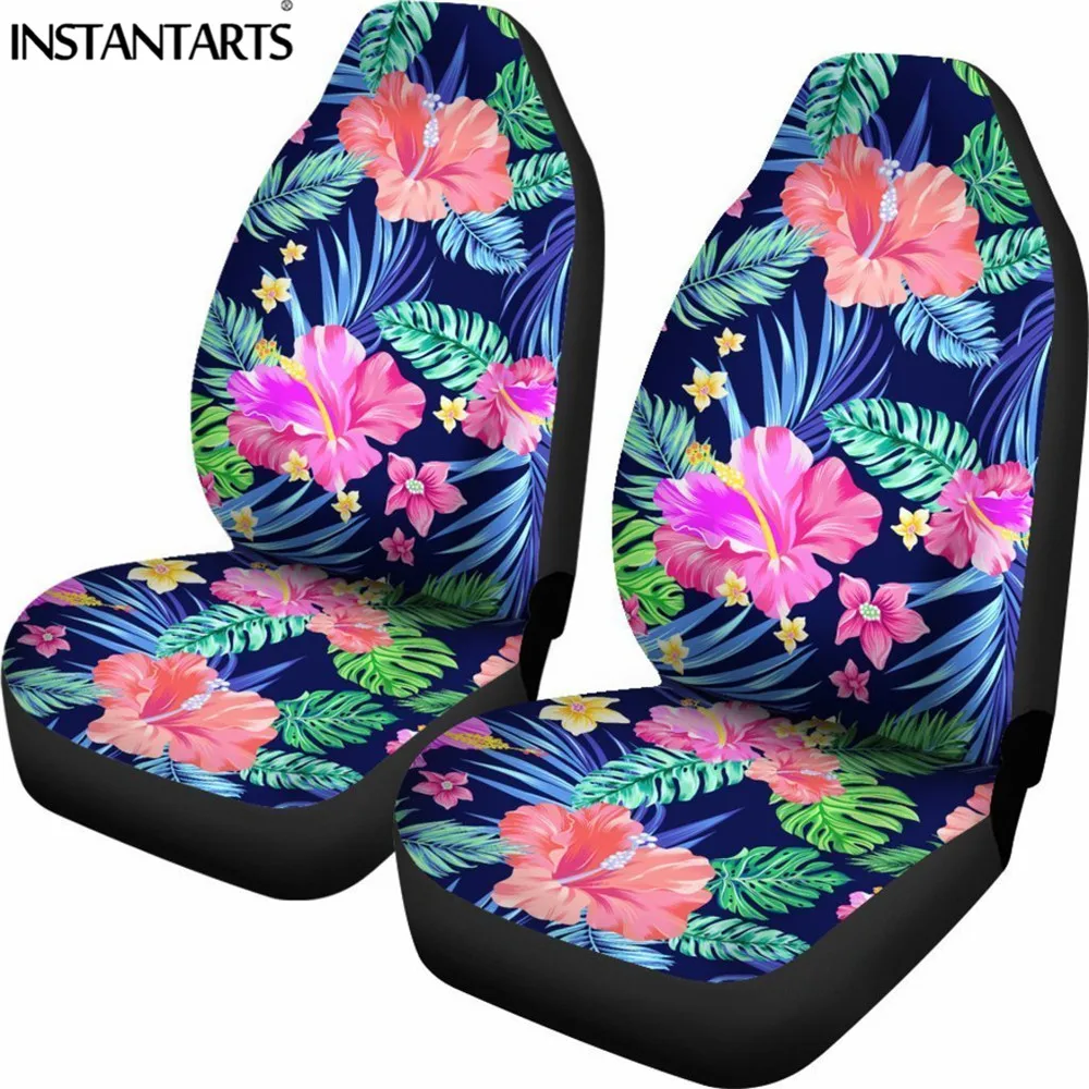 INSTANTARTS Plumeria Hawaiian Flowers Hibiscus Print Front Car Seat Cover for Women Fashion Universal Elastic Car Seat Protector