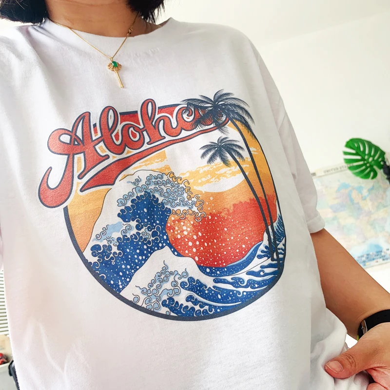 

Women Aloha Wave T-Shirt Vintage Fashion Aesthetic Graphic Tee Cute Summer Tops