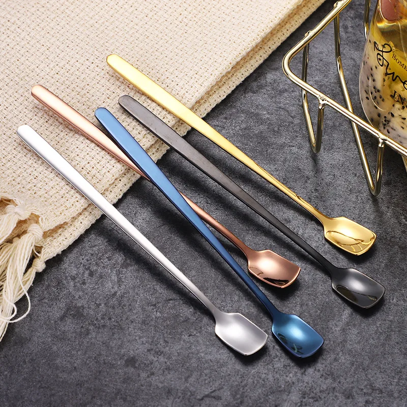 1PC Square Head Coffee Stirring Spoons Stainless Steel Long Handle Colorful Teaspoon  Dessert Scoops Tableware Kitchen Utensils