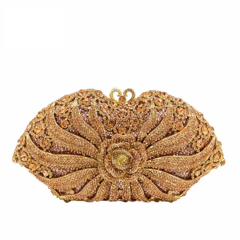 23x13CM Dinner Bag Shell-shaped Metal Hollow Flower Diamond Banquet Rhinestones Clutch Bag a6603