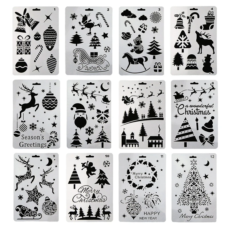 12/24Pc Christmas Santa Claus Reindeer Snow DIY Layer Stencil Painting Scrapbook Coloring Embossing Album Decorative Template