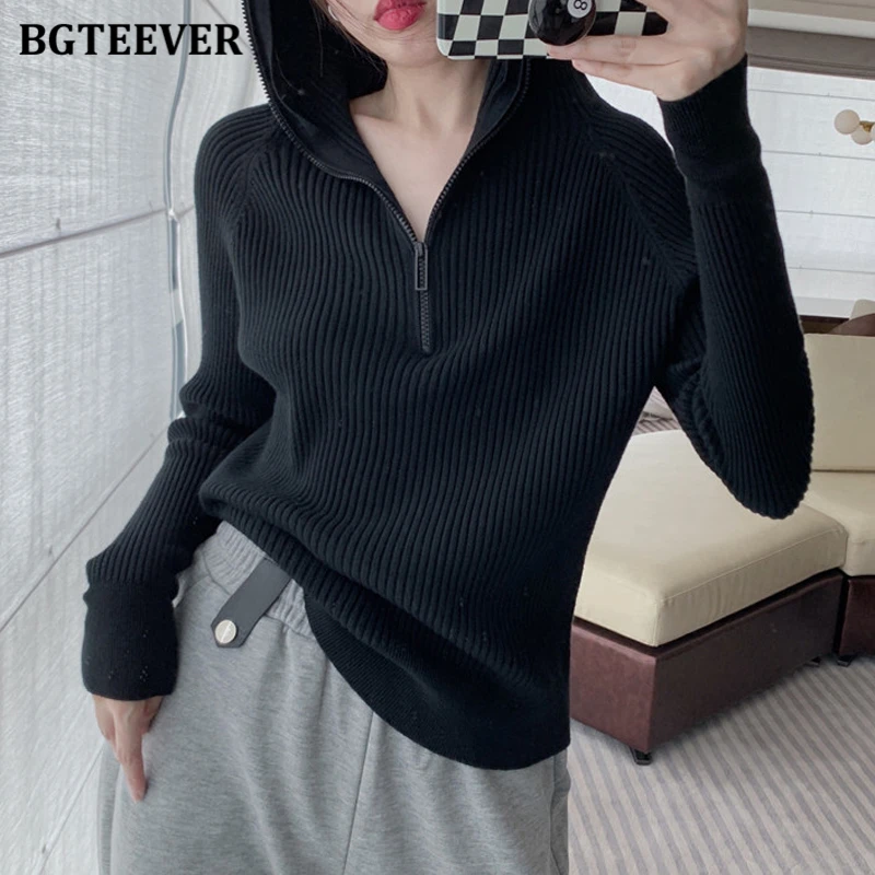 

BGTEEVER Chic Hooded Zippers Ladies Knitted Sweaters Full Sleeve Loose Solid Female Pullovers Jumpers 2021 Autumn Winter