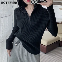 BGTEEVER Chic Hooded Zippers Ladies Knitted Sweaters Full Sleeve Loose Solid Female Pullovers Jumpers 2021 Autumn Winter