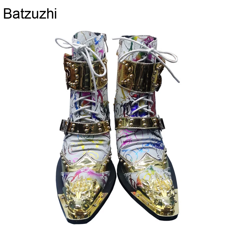 Batzuzhi Color Leather Ankle Men\'s Boots Western Cowboy Boots Men Pointed Metal Toe Lace-up 6.5cm Heels Motorcycle/Biking Boots