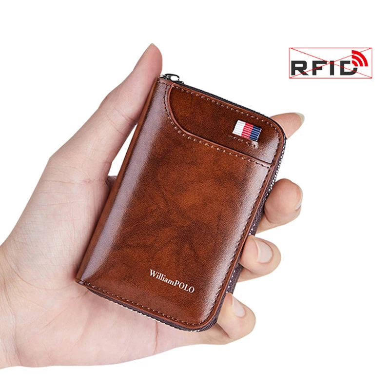 Genuine leather RFID mini card bag men's short size large capacity multi card anti theft brush card holder bank credit card case