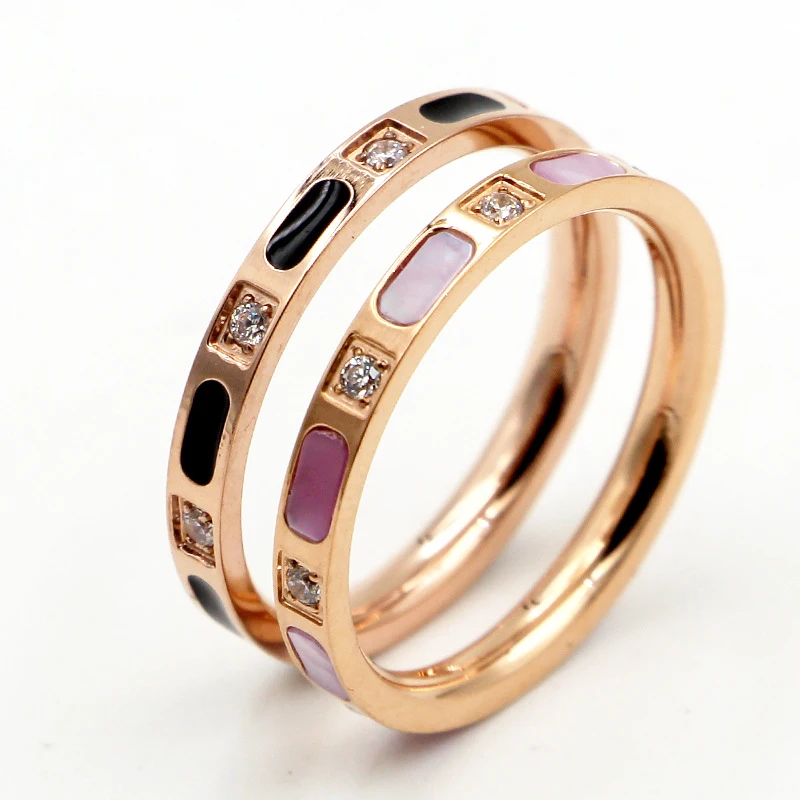 Elegant Zircon Black Enamel And Colorful Shell Ring Titanium Steel Rose Gold Color Jewelry Woman Wedding Ring Love Gift