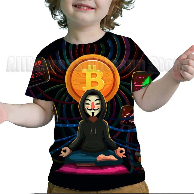 Kids Bitcoin 3D Print Tshirts Toddler Cartoon Anime T Shirt Summer Children Short Sleeves T-shirts Baby Boys Girls Tops Tee Gift