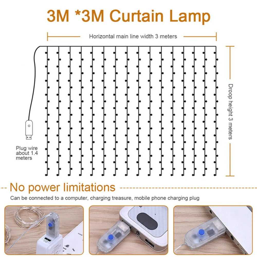 Rideau lumineux 8 Modes, 300, USB, télécommande, étanche, pour fenêtre, mariage, fête, jardin, maison, 3x3m