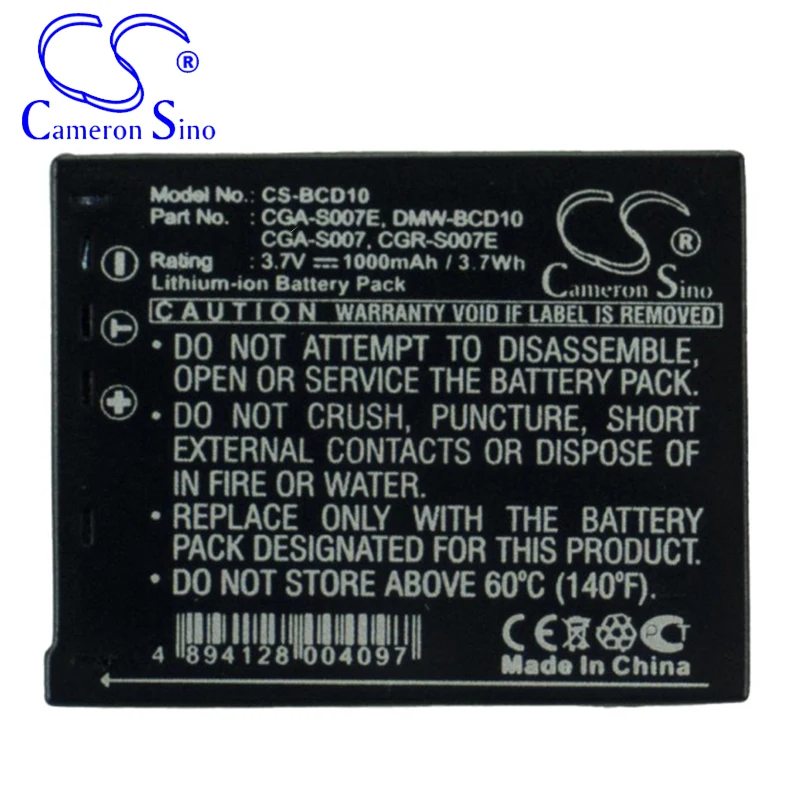 Аккумуляторная батарея CameronSino для Panasonic Lumix DMC-TZ1EG-S Lumix DMC-TZ11GK подходит для Panasonic CGA-S007 Аккумулятор для цифровой камеры 1000 мАч